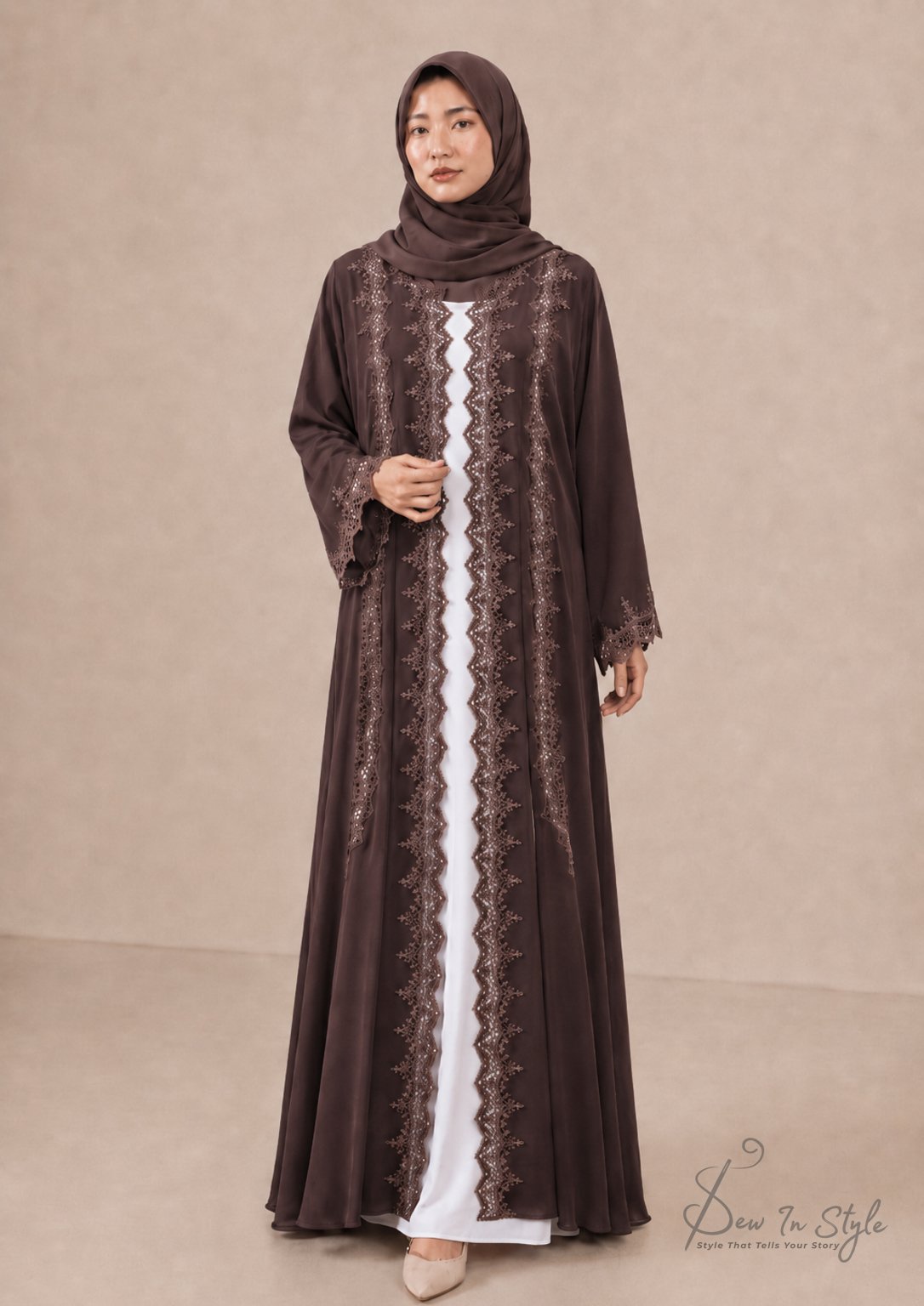 SIS-107 Brown Casual Abaya with Front & Back Lace