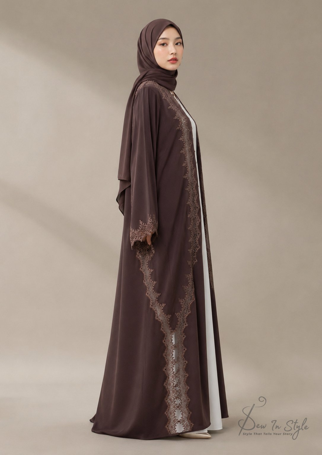 SIS-107 Brown Casual Abaya with Front & Back Lace - Image 2