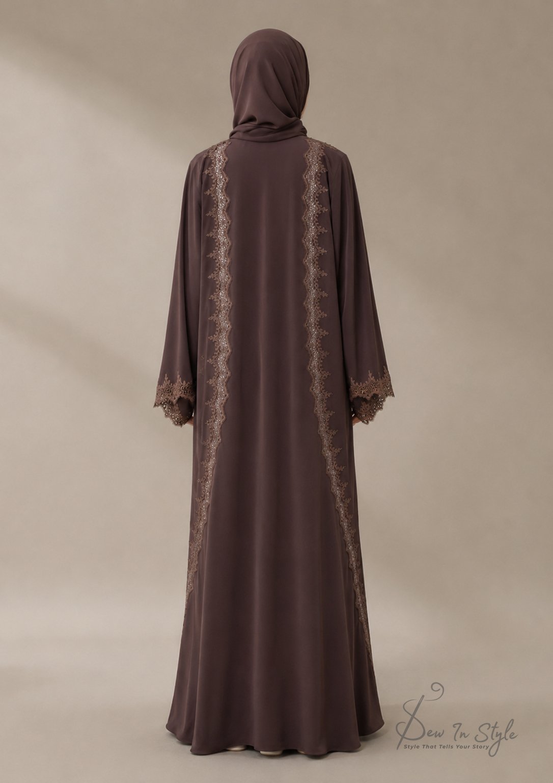 SIS-107 Brown Casual Abaya with Front & Back Lace - Image 3