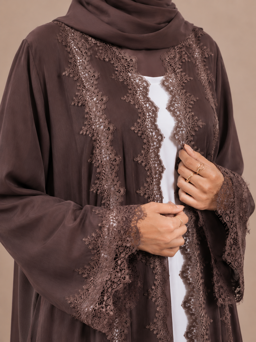 SIS-107 Brown Casual Abaya with Front & Back Lace - Image 4