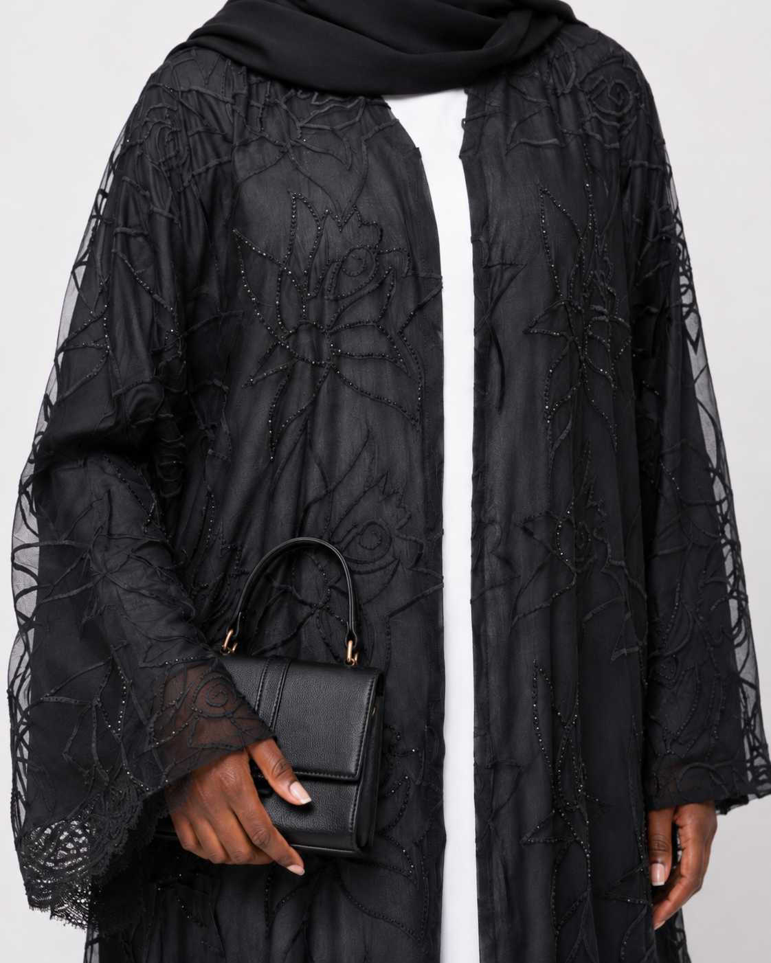 SIS-109 Luxury Black Embroidered Net Abaya - Image 3